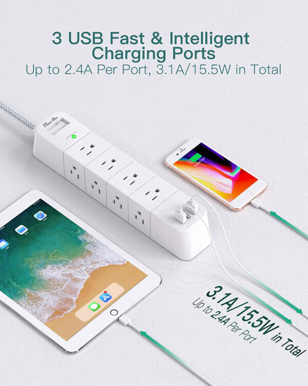 Addtam Hot Sale Smart Power Strip  3-Side Design 12 Outlet 3 USB  Surge Protector with a Switch  & a LED Indicator - Image 4