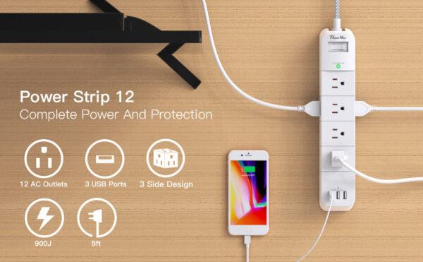 Addtam Hot Sale Smart Power Strip  3-Side Design 12 Outlet 3 USB  Surge Protector with a Switch  & a LED Indicator - Image 5